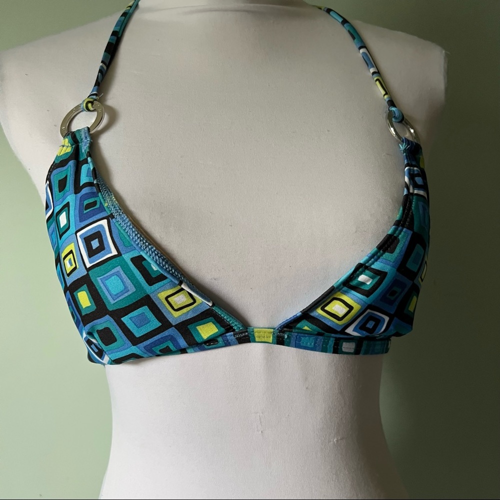 Vintage 90s Geometric neon blue yellow string bikini swim top medium small